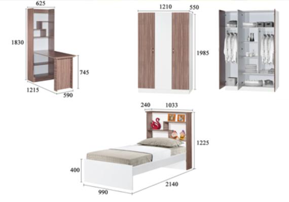 Furniture set: desk with shelves, closet, and single bed. Brown and white colors, dimensions included.