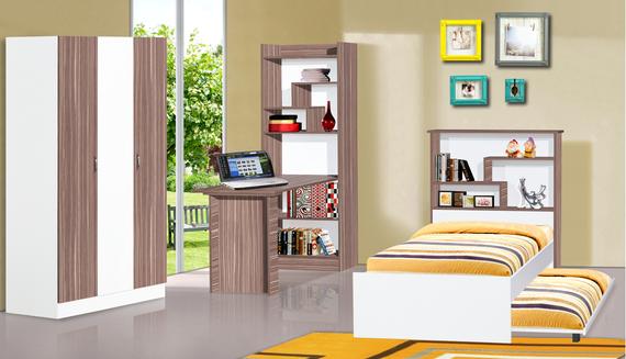 A bedroom with white and brown furniture set, including a bed, wardrobe, desk, and bookshelves, with a window showing a green outdoor scene.