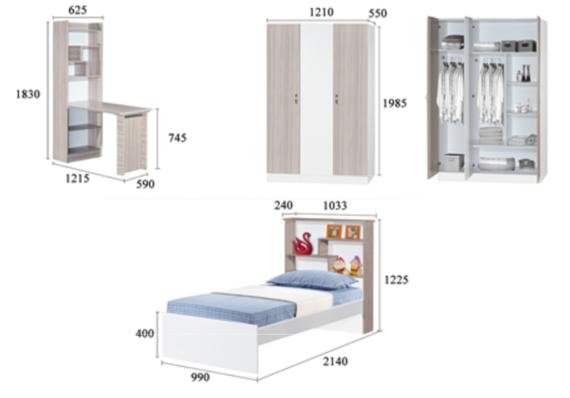 Bedroom furniture set with desk, wardrobe, and bed. Light wood color with white accents. Dimensions shown.