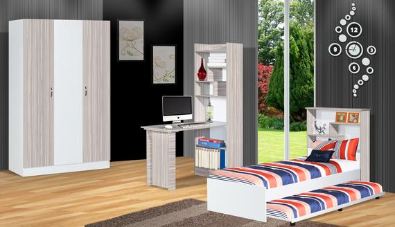 Bedroom set with a wardrobe, desk, bookshelf, and bed in light wood and white.