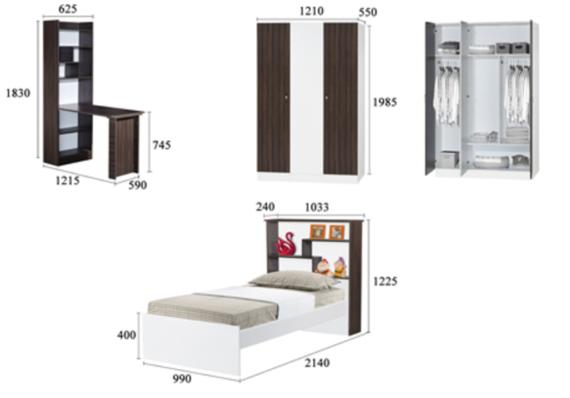 Furniture set: desk, wardrobe, and bed. The furniture is white and brown, with dimensions in mm.