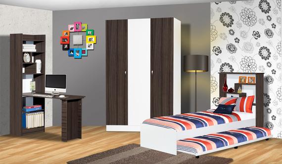 Bedroom with dark brown and white furniture, including a bed, desk, and wardrobe.