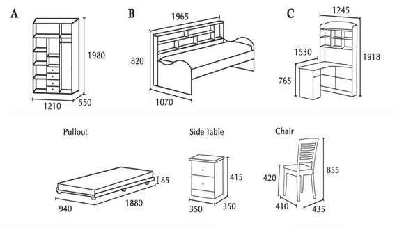Diagram of bedroom furniture with dimensions: wardrobe, bed, desk, side table, chair, and pullout bed.