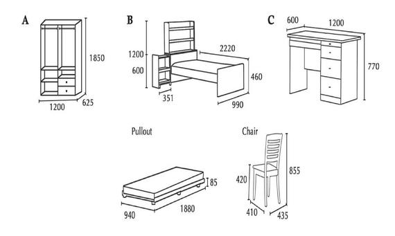 Diagram of bedroom furniture: wardrobe, bed, desk, pullout bed, and chair, with dimensions labeled.