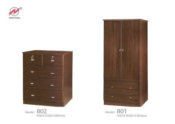 Dark brown wooden furniture set, a chest of drawers (model 802) and a wardrobe (model 801).