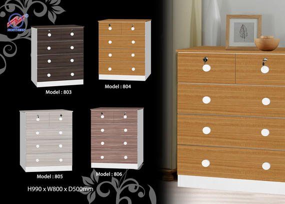 Chest of drawers in various wood grain colors with white accents and round white drawer pulls.