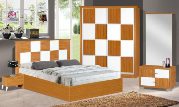 Bedroom set with checkered headboard, closet, and nightstand; brown and white.