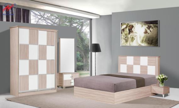 Bedroom set: light wood and white checkerboard wardrobe, bed, dresser, and nightstand, gray wall, large window, picture.