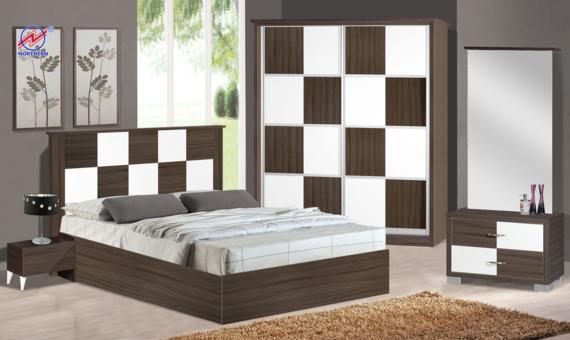 Bedroom set with brown and white checkered design: bed, wardrobe, nightstand, vanity.