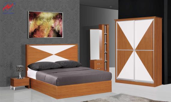 Bedroom set with a wooden bed, wardrobe, nightstand, and dresser; white and brown.