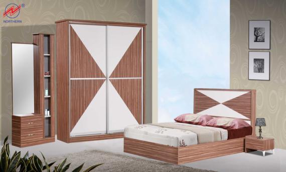 Bedroom set: brown and white wooden bed frame, wardrobe, dresser with mirror, and nightstand.