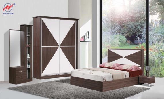 Bedroom furniture set: bed, wardrobe, dresser, nightstands, in modern design with geometric brown and white accents.