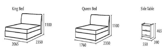 Diagram of a King bed, Queen bed, and side table with labeled dimensions.