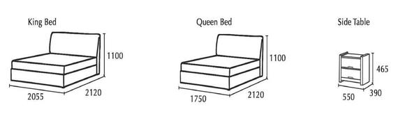 Diagrams of a King Bed, Queen Bed, and Side Table with labeled dimensions in black.