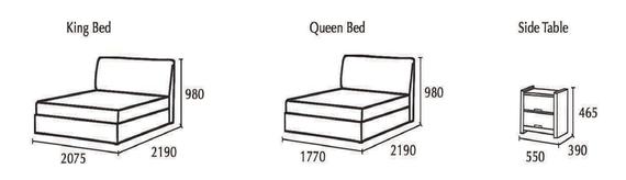 Diagram of a King Bed, Queen Bed, and Side Table with their respective dimensions.