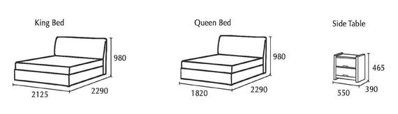 Diagram of a King bed, Queen bed, and a side table with labeled dimensions in millimeters.