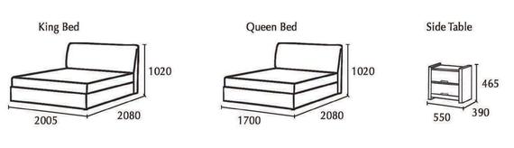 Diagram of a king bed, queen bed, and side table with measurements.