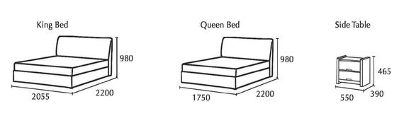 Diagram of furniture dimensions: King Bed, Queen Bed, Side Table. Sizes are in millimeters.