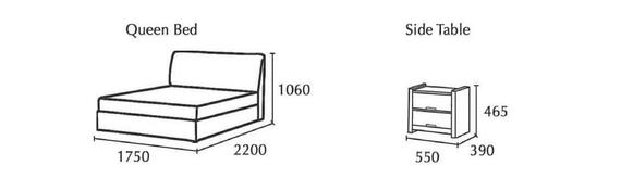 Diagram of a queen bed and a side table with dimensions in millimeters.