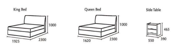 Diagram of a King bed, Queen bed, and side table, with measurements in millimeters.