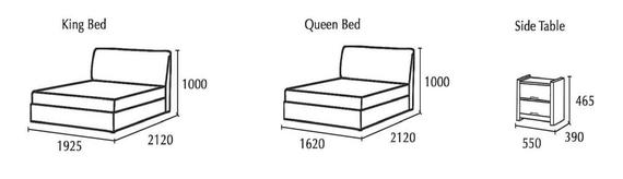 Diagram of a king bed, queen bed, and side table with dimensions in millimeters.
