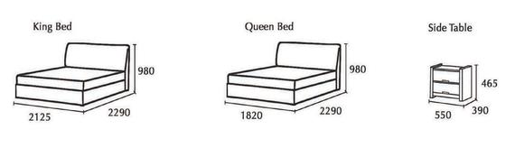Diagram showing the dimensions of a king bed, queen bed, and side table in a room.