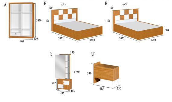 Furniture set: wardrobe, two beds, dresser, and nightstand. Wood-tone and white accents. Dimensions are included.