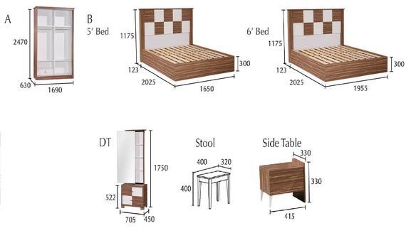 Furniture set diagrams: wardrobe, 2 beds (5' and 6'), tall DT, stool, side table with measurements.