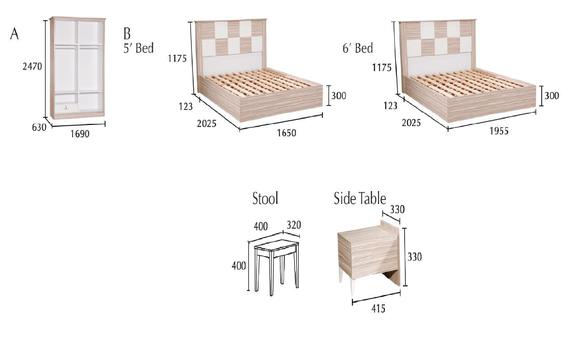 Furniture set with a wardrobe, two beds (5' and 6'), stool, and a side table; labeled with dimensions in millimeters.