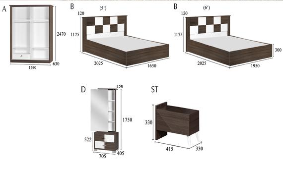 A set of dark brown bedroom furniture: wardrobe, two beds, vanity, and nightstand.