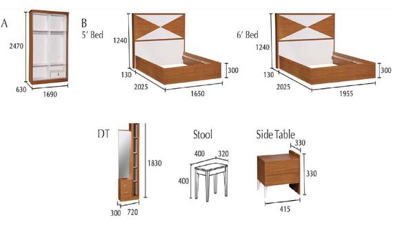 Furniture set: wardrobe, bed frames (5' and 6'), dressing table, stool, and side table. All are wooden and brown.