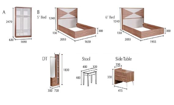 Furniture set illustrations with dimensions: wardrobe, bed, dressing table, stool, and side table.