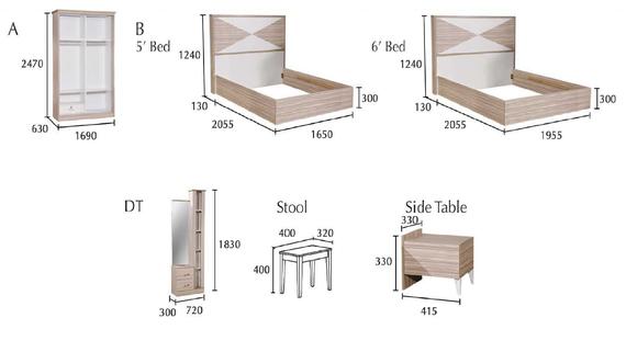 Furniture set diagram with dimensions: wardrobe, beds, dresser, stool, and side table.