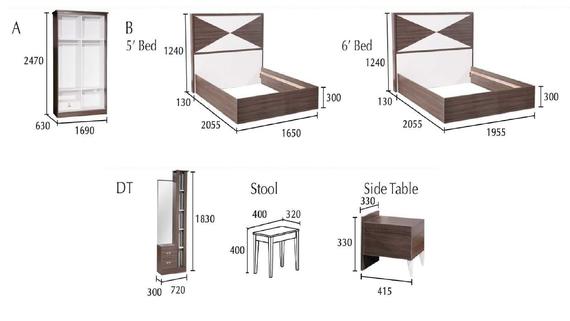 Furniture set with dimensions: wardrobe, two beds (5' and 6'), dresser, stool, and side table.