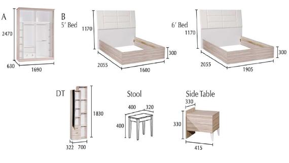 Diagram of furniture with dimensions: wardrobe, bed, bedside table, stool, and side table.