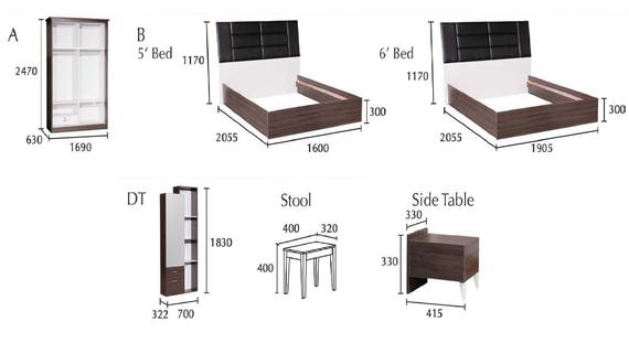 Furniture set with dimensions: wardrobe, bed, stool, side table, and dresser.