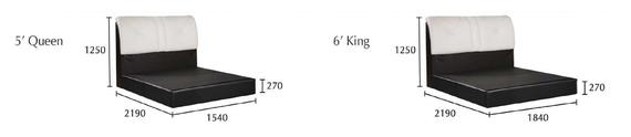Diagram of two modular sofa bases in queen and king sizes with dimensions.