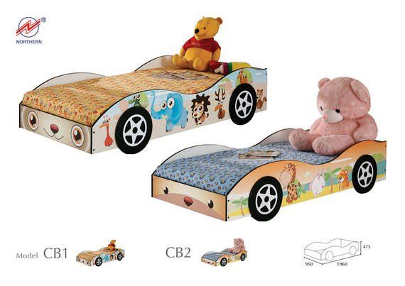 Two children's car beds with cartoon animal and teddy bear details; CB1 features Winnie the Pooh.