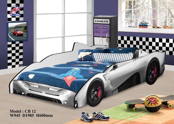 Car-shaped bed in a boy's room with race car decor.