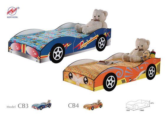 Two race car-shaped children's beds: blue (CB3) and orange (CB4), each with a teddy bear on the mattress.