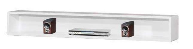 White shelf with a DVD player and two speakers.