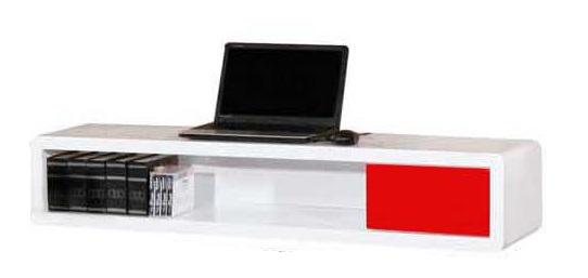 White and red modern media console with a laptop and books.