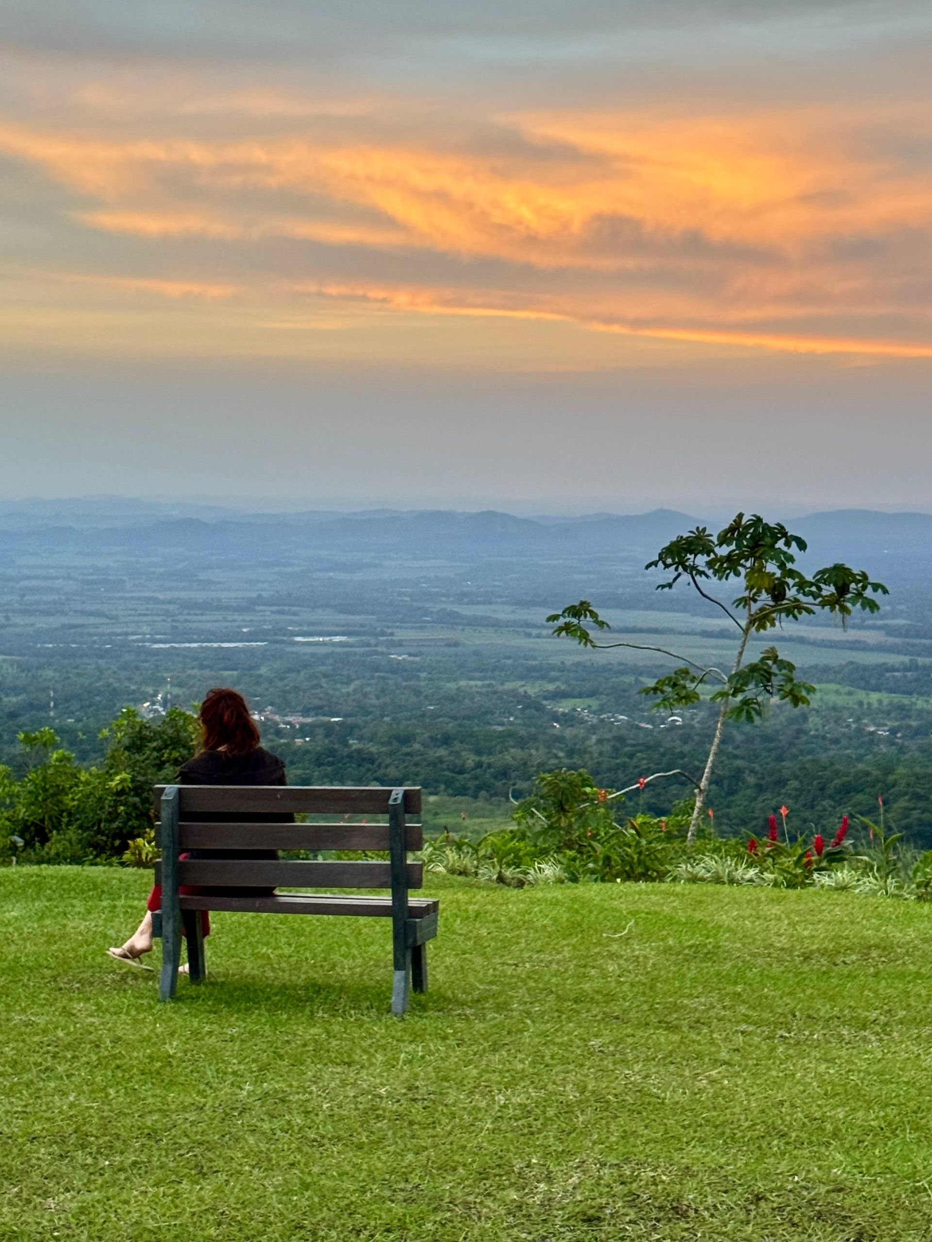 A woman sits on a bench overlooking a valley at sunset