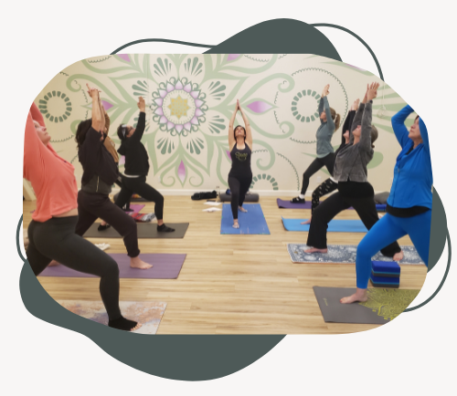 People doing yoga in a yoga studio.