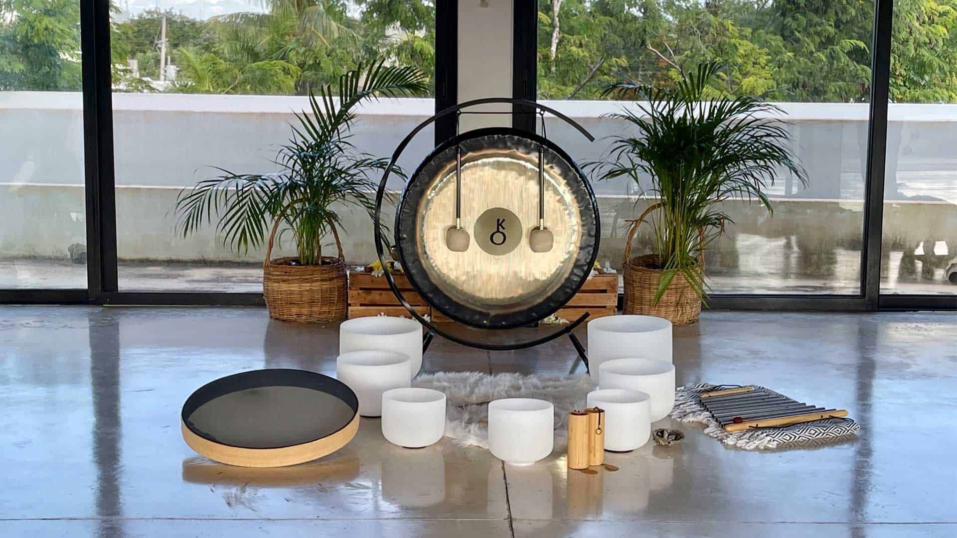 sound instruments, gong and crystal bowls