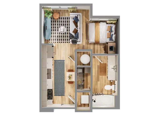 A 2D top-down floor plan of a one-bedroom apartment with a kitchen, living area, dining space, bathroom, and bedroom.