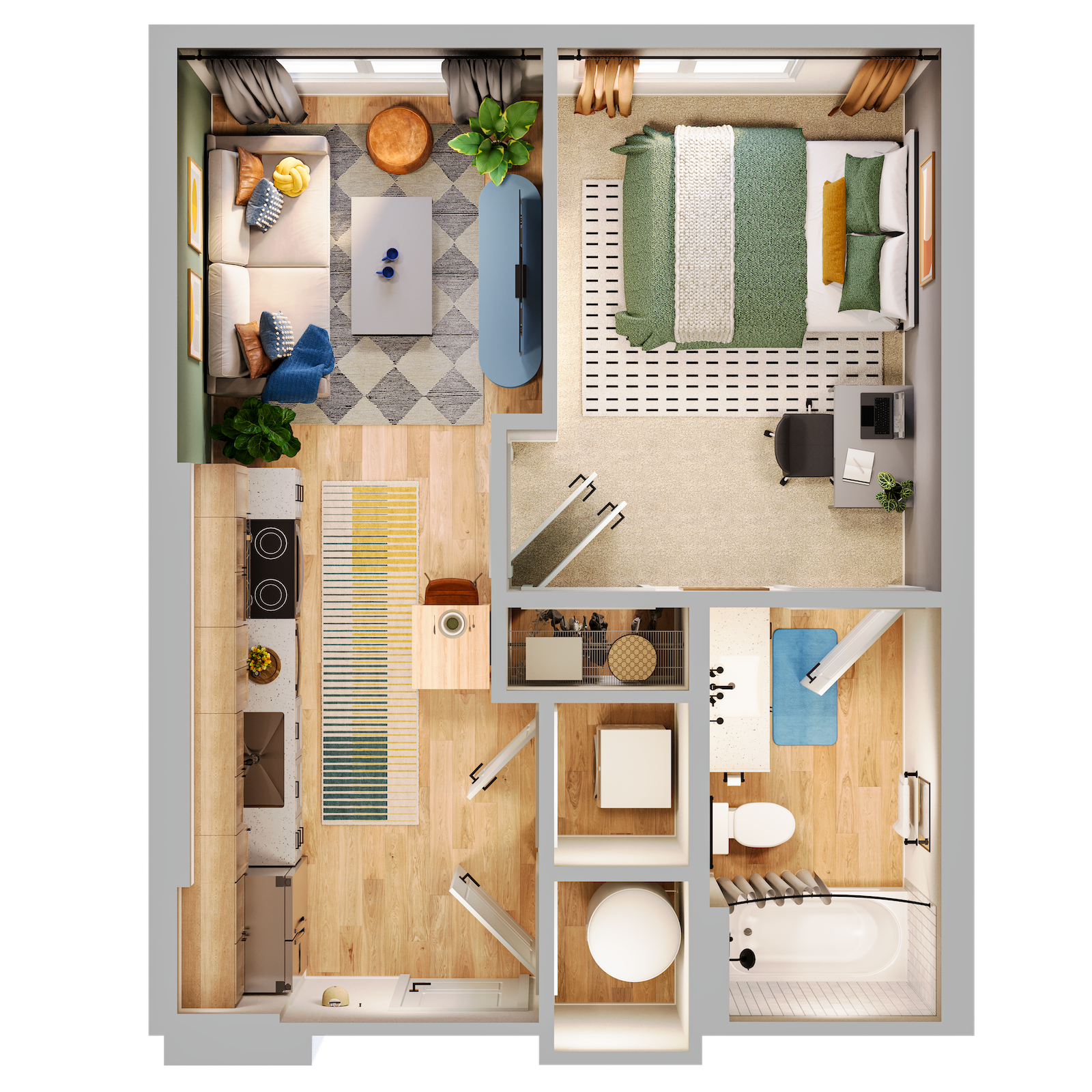 Top-down floor plan of a one-bedroom apartment with a kitchen, living area, bedroom, and bathroom.