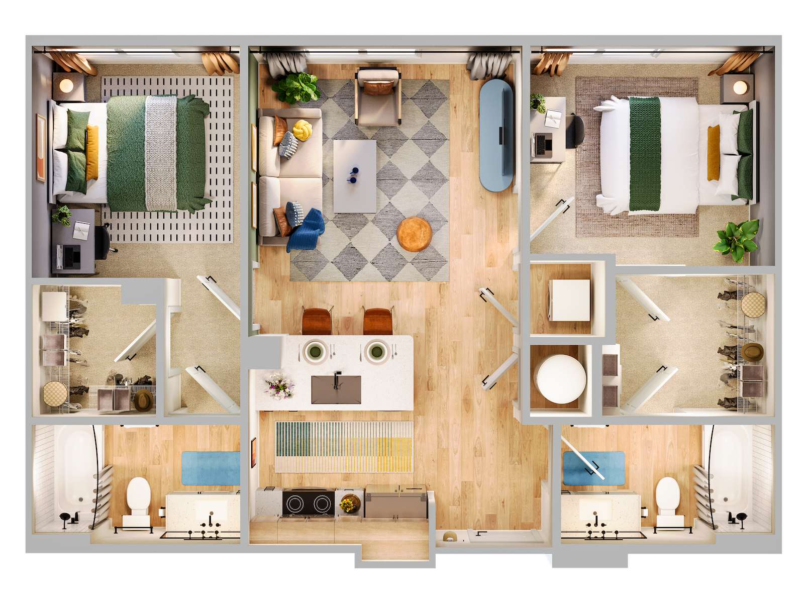 A 3D floor plan of a two-bedroom apartment with a central living area, kitchen, and two bathrooms.