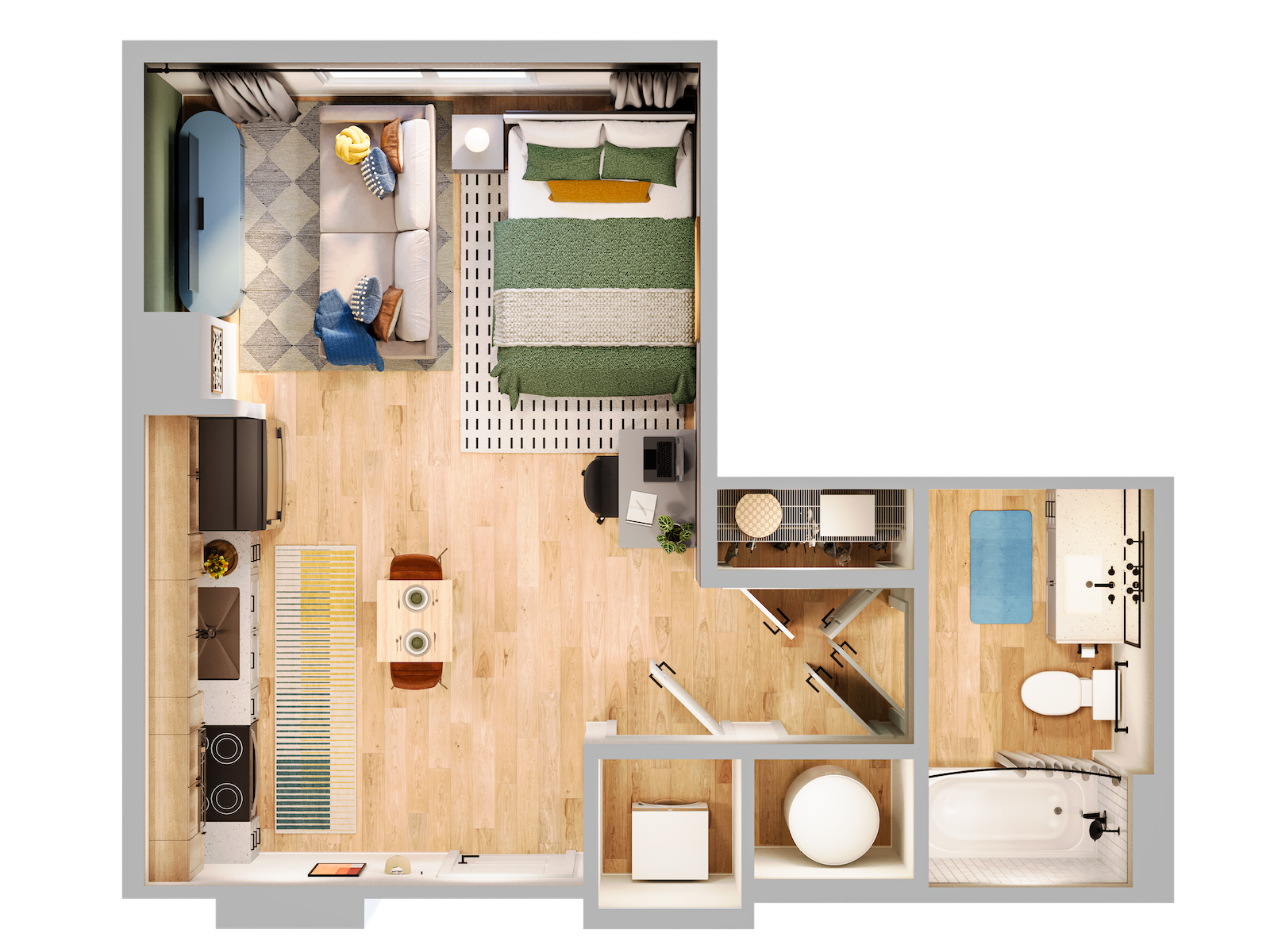 A 2D top-down floor plan of a one-bedroom apartment with a kitchen, living area, dining space, bathroom, and bedroom.