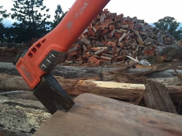Orange Axe Head Splitting a Piece of Wood, Logs and Woodpile in the Background — Brown's Professional Tree Service in Curra, QLD
